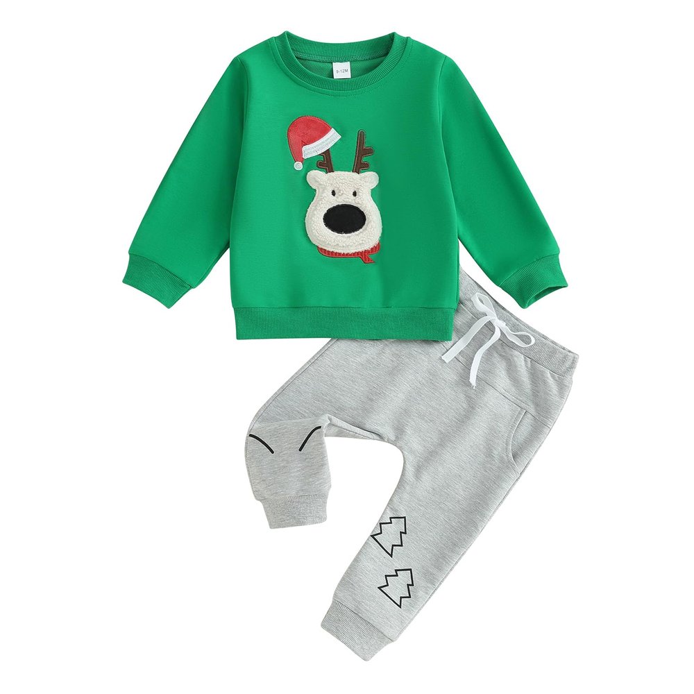 Hnyenmcko Baby Boy Christmas Outfit Long Sleeve Letter Print Crewneck Sweatshirt + Pants Winter Toddler Christmas Clothes (Deer-Green 25, 6-9 Months)