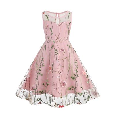 Girls Floral Embroidery Dress: Vintage 1950s Swing Dress Lace Princess Tulle Dress Birthday Evening Party Dance Gown Pageant Wedding Guest Homcoming Dress Pink-Sleeveless 7-8 Years