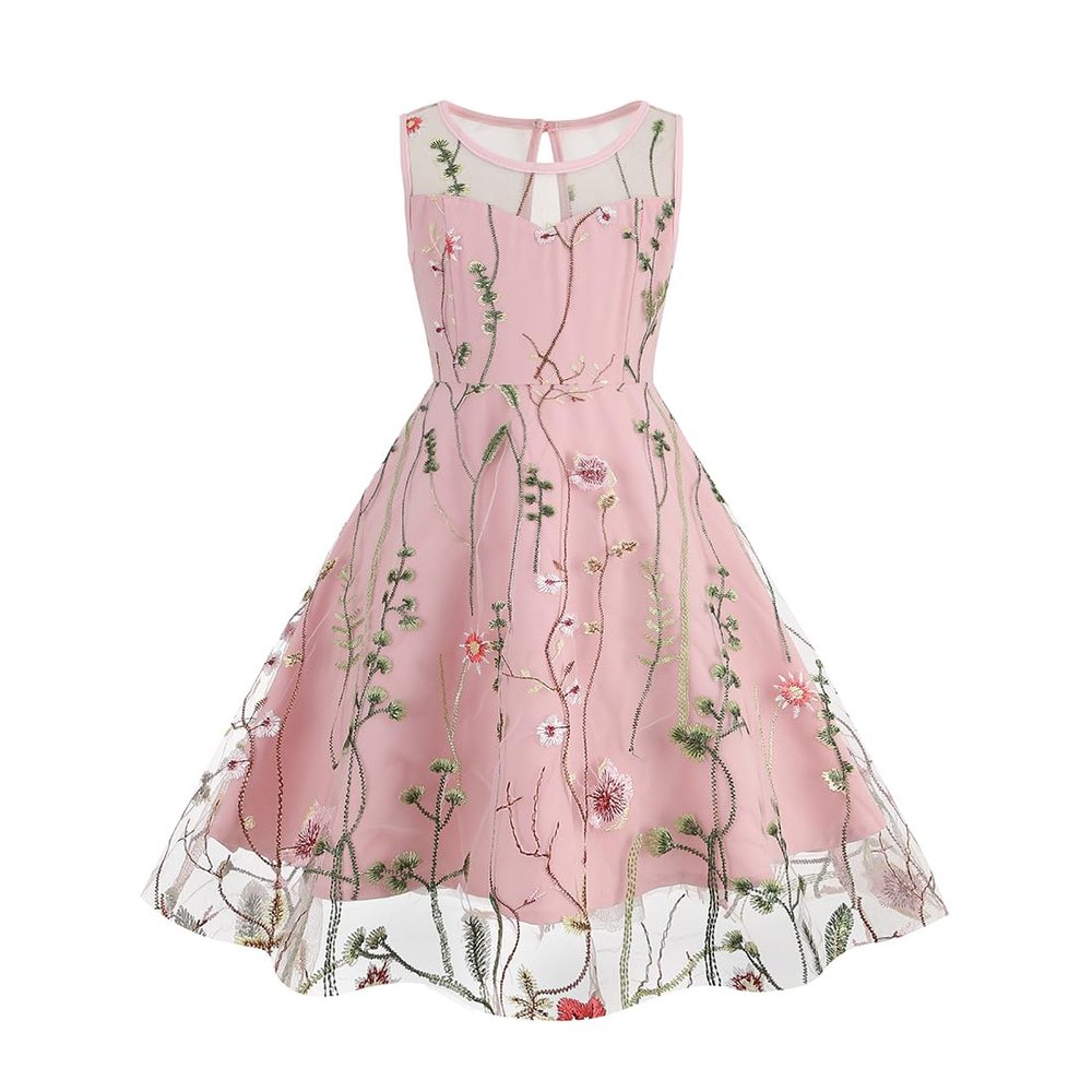 Girls Floral Embroidery Dress: Vintage 1950s Swing Dress Lace Princess Tulle Dress Birthday Evening Party Dance Gown Pageant Wedding Guest Homcoming Dress Pink-Sleeveless 7-8 Years