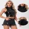 Allegra K Metallic Crop Tops for Women's Mock Neck Zip Up Sleeveless Shiny Holographic Tank Top Medium Black view 2