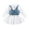 LXXIASHI 2PCS Baby Girl Strap Pearl Denim Crop Tops Beading Back Bandage Vest + Lapel Button Shirt Dress Set (White Blue, 5-6 Years) view 1