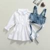 LXXIASHI 2PCS Baby Girl Strap Pearl Denim Crop Tops Beading Back Bandage Vest + Lapel Button Shirt Dress Set (White Blue, 5-6 Years) view 2