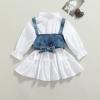 LXXIASHI 2PCS Baby Girl Strap Pearl Denim Crop Tops Beading Back Bandage Vest + Lapel Button Shirt Dress Set (White Blue, 5-6 Years) view 3