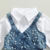 LXXIASHI 2PCS Baby Girl Strap Pearl Denim Crop Tops Beading Back Bandage Vest + Lapel Button Shirt Dress Set (White Blue, 5-6 Years) view 4
