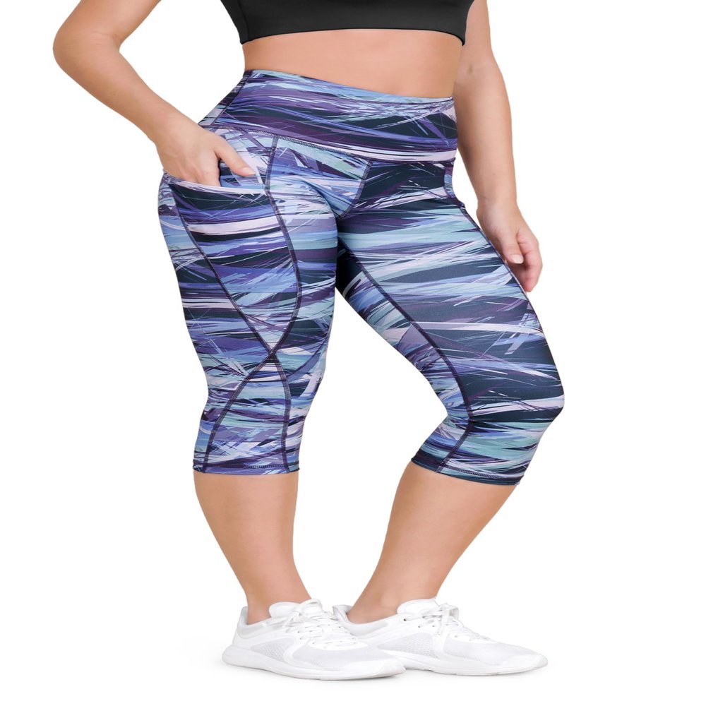 ODODOS Women's High Waisted Pattern Capri Leggings with Pockets, Non See Through Sports Athletic Workout Running Yoga Capris, Graphic Purple, X-Large