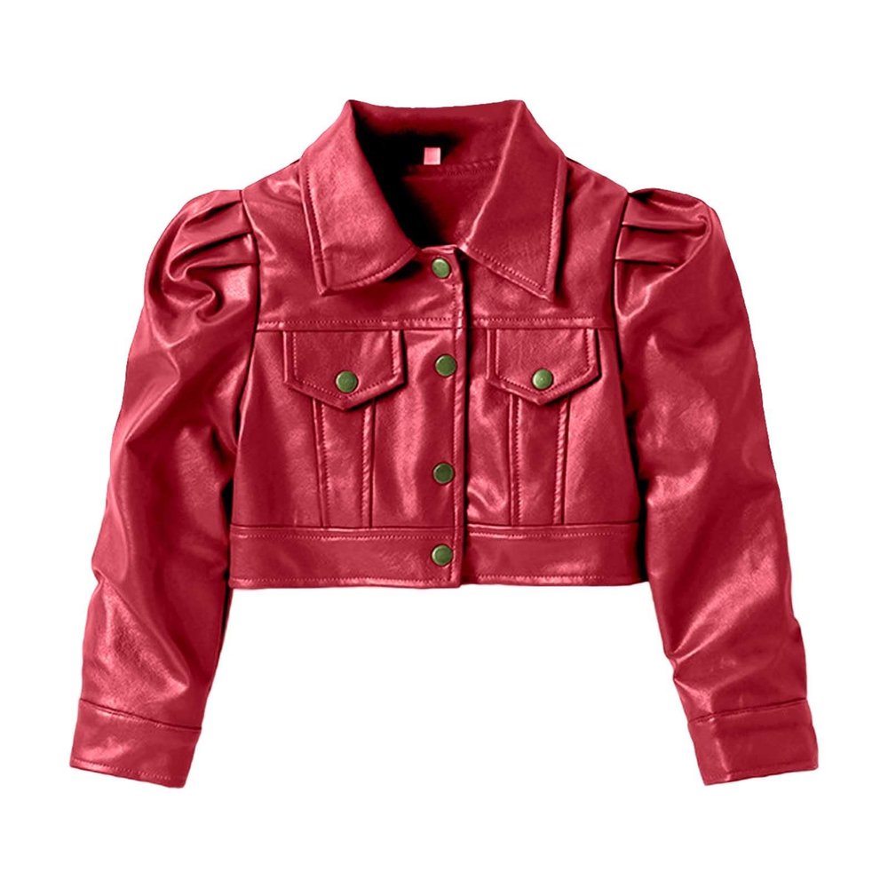 AMIMOJY Ightning Deals Toddler Girl Long Sleeve Short Leather Jacket Motorcycle Jacket Casual PU Leather Coat for 2 To 8 Years (Red, 2-3 Years)