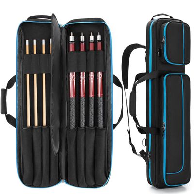 GOBUROS 4x4 Pool Cue Case Hold Up to 4 Butts and 4 Shafts, Pool Stick Carrying Case with Front Accessories Pockets, Billiard Cue Cases with Shoulder Straps, Black and Blue