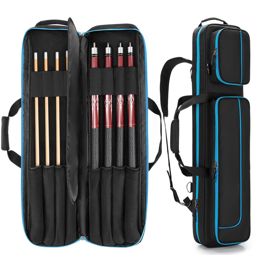 GOBUROS 4x4 Pool Cue Case Hold Up to 4 Butts and 4 Shafts, Pool Stick Carrying Case with Front Accessories Pockets, Billiard Cue Cases with Shoulder Straps, Black and Blue