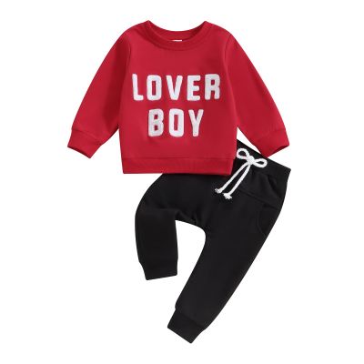 Toddler Baby Boy Valentine's Day Outfit Long Sleeve Letter Sweatshirt Pullover Tops Pants 2Pcs Clothes Set (Lover Red, 9-12 Months)