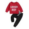 Toddler Baby Boy Valentine's Day Outfit Long Sleeve Letter Sweatshirt Pullover Tops Pants 2Pcs Clothes Set (Lover Red, 9-12 Months) view 1