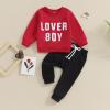 Toddler Baby Boy Valentine's Day Outfit Long Sleeve Letter Sweatshirt Pullover Tops Pants 2Pcs Clothes Set (Lover Red, 9-12 Months) view 2