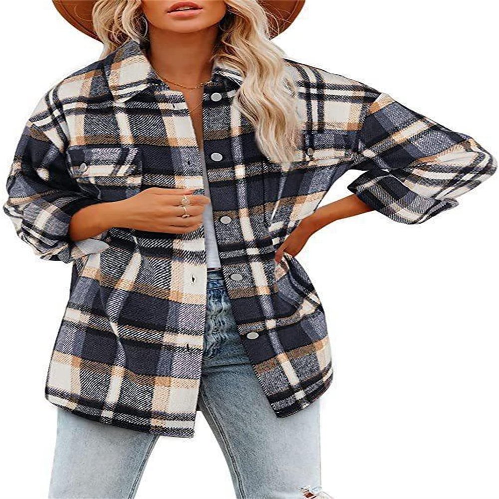 Canbebig Clearance Women's Casual Flannel Plaid Shacket Button Down Long Sleeve Shirt Jacket Coats with Pockets