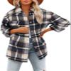 Canbebig Clearance Women's Casual Flannel Plaid Shacket Button Down Long Sleeve Shirt Jacket Coats with Pockets