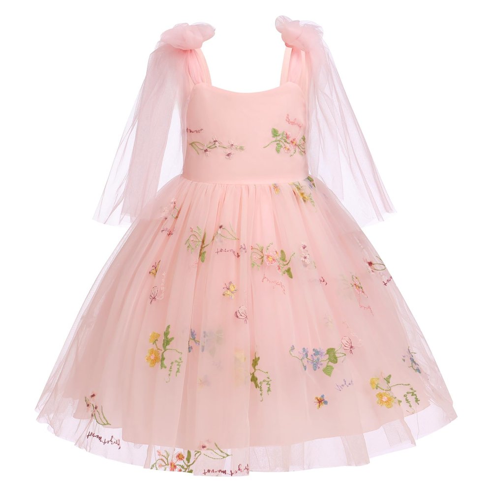 1st Birthday Girl Dress Baby Pink Floral Embroidery Tulle Dress Sleeveless Spaghetti Straps Dress Toddler Wedding Party Princess Dresses Pink 6-12 Months