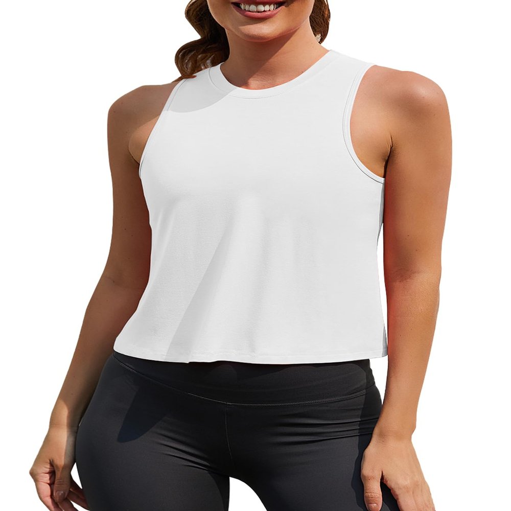 Ridshy Workout Tops for Women Crop Tank Top Sleeveless Yoga Shirts Flowy Cropped Athletic Tanks Loose Fit Gym Clothes White M