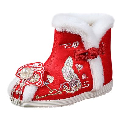 1 Pair Girls Hanfu Shoes Chinese Embroidered Flower Flat Retro Ethnic Slope- Heel Shoes Vintage Floral (Red, 9 Toddler)