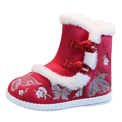 112T High Heel Cotton Boots Kids Boys Cloth Embroidered Shoes Hanfu Shoes Chinese Year Boots Girls (Red, 9.5 Toddler)
