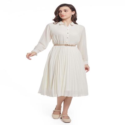 AbleTree Pleated Work Dress for Women Long Sleeve Midi Collared Dresses for Office Business Casual Church Beige
