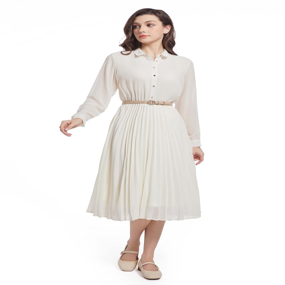 AbleTree Pleated Work Dress for Women Long Sleeve Midi Collared Dresses for Office Business Casual Church Beige