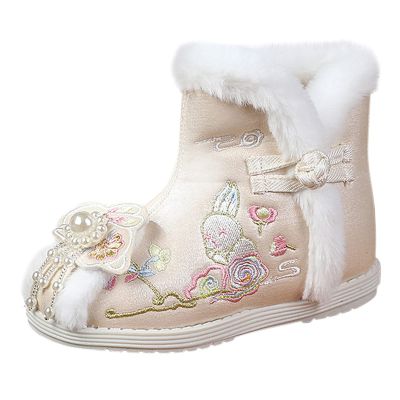 1 Pair Girls Hanfu Shoes Chinese Embroidered Flower Flat Retro Ethnic Slope- Heel Shoes Vintage (Beige, 1 Big Kids)