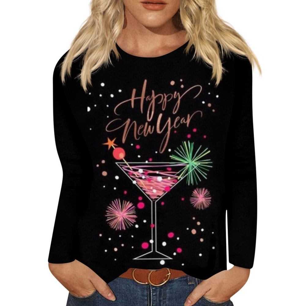 Women's 2024 New Years Printed Tops Print Graphic Tees New Years Eve Outfits Women Round Neck Long Sleeve T-Shirt Happy New Year 2024 T Shirt Workout Blouses,3XL