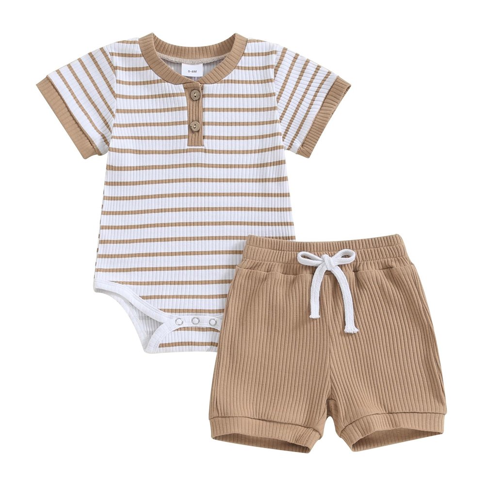 Newborn Baby Boy Girl Clothes 3 6 9 12 18 Months Ribbed Knit Short Sleeve Romper Shorts Set Infant Summer Outfits (B- Striped Khaki, 0-3 Months)