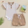 Newborn Baby Boy Girl Clothes 3 6 9 12 18 Months Ribbed Knit Short Sleeve Romper Shorts Set Infant Summer Outfits (B- Striped Khaki, 0-3 Months) view 2