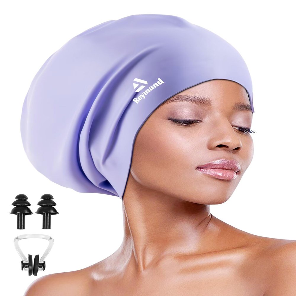 Swim Cap for Long Thick Hair, 3 Size Silicone Swimming Caps for Dreadlocks, Braids, Weaves, Extensions, Curls & Afros, Adult Waterproof Swim Hats Bathing Caps for Women Men (Purple-XXL)