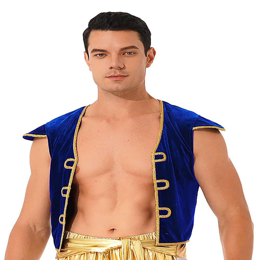 Agoky Men's Sleeveless Vest/Pants Costume Arabian Prince Cosplay Dress Up Waistcoat for Halloween Blue X-Large