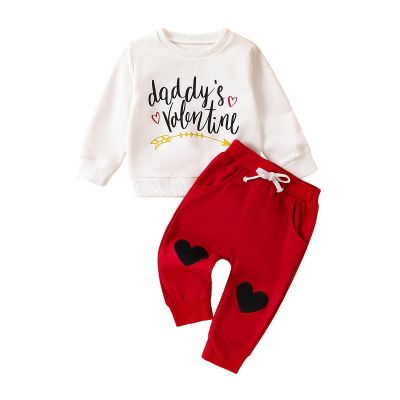 Toddler Baby Boy Valentine's Day Outfit Long Sleeve Letter Sweatshirt Pullover Tops Pants 2Pcs Clothes Set (Daddys White, 3-6 Months)