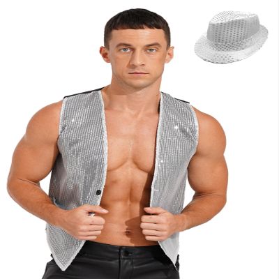 HULIJA Men Shiny Sequin Vest Sleeveless Waistcoat Tuxedo Party Jacket Jazz Dance Costume With Hat Nightclub Silver Large