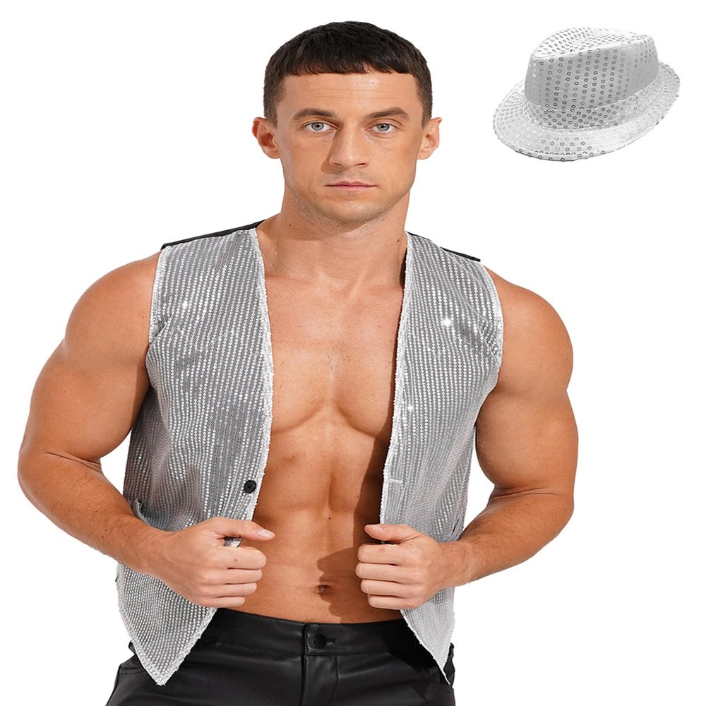 HULIJA Men Shiny Sequin Vest Sleeveless Waistcoat Tuxedo Party Jacket Jazz Dance Costume With Hat Nightclub Silver Large