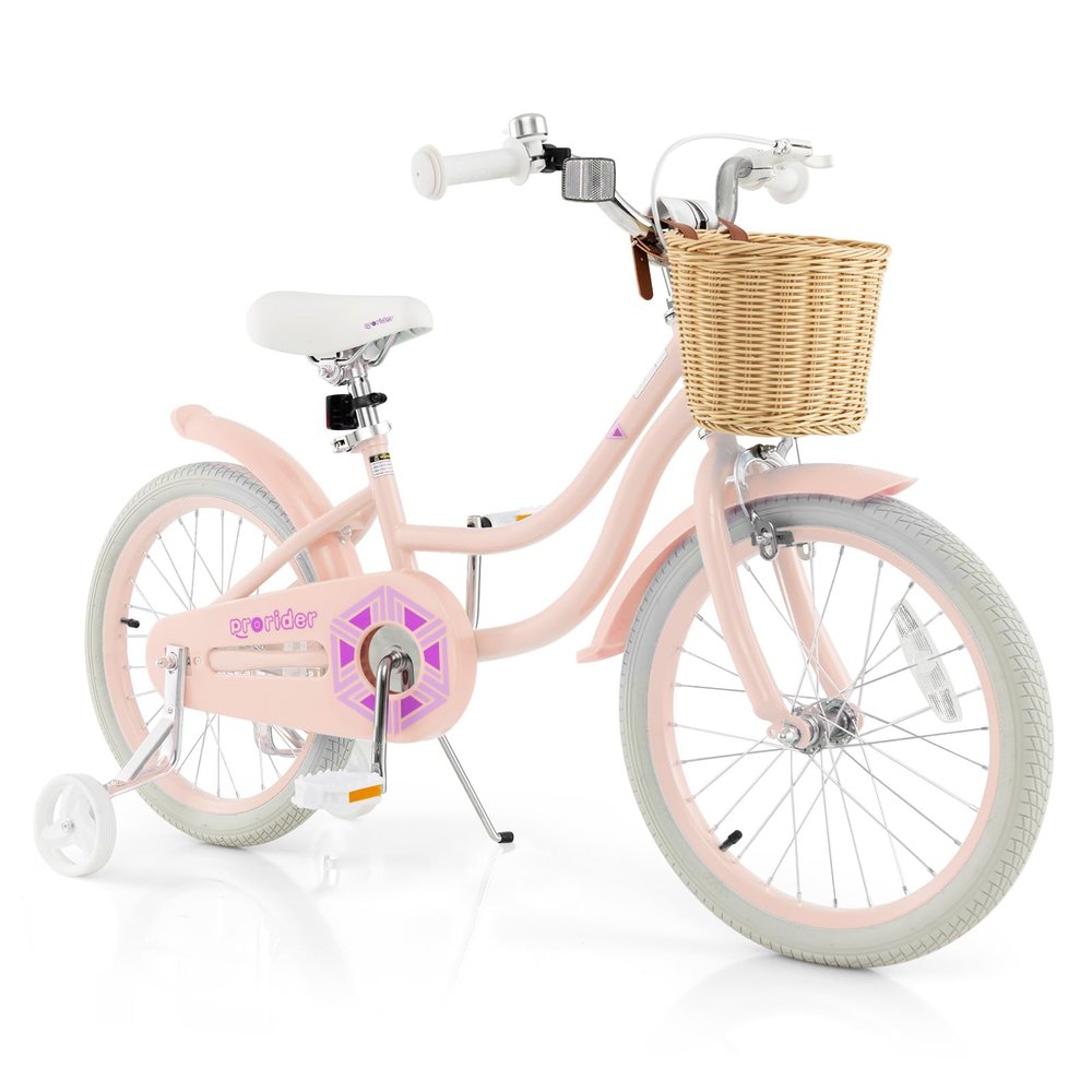 BABY JOY Kids Bike, 18 Inch Kids Bicycles for 4-8 Years Old Children with Training Wheels, Adjustable Height, Kickstand, Handbrake & Coaster Brake, Boys Girls Bike (Pink)