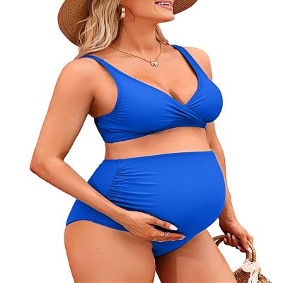 Charmo High Waist Maternity Swimsuit Bikini Ruched Pregnancy Bathing Suits Two Piece Swimwear Bright Blue