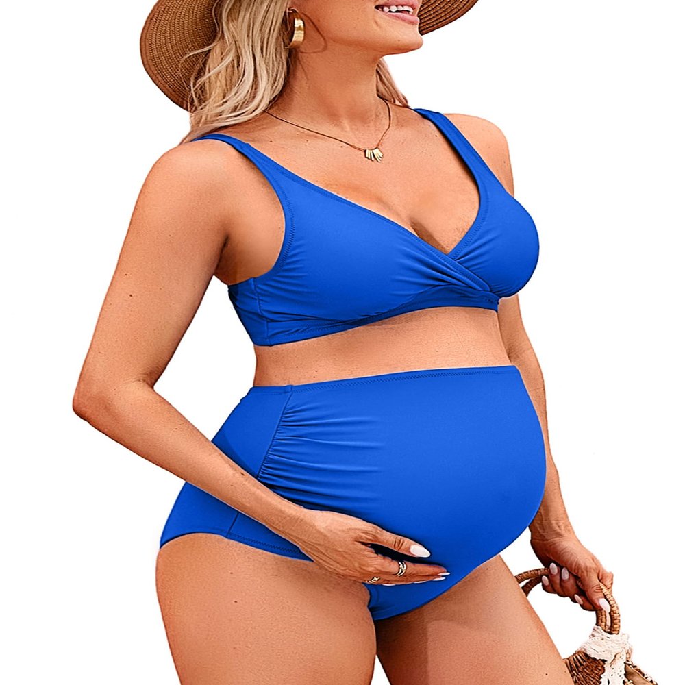 Charmo High Waist Maternity Swimsuit Bikini Ruched Pregnancy Bathing Suits Two Piece Swimwear Bright Blue