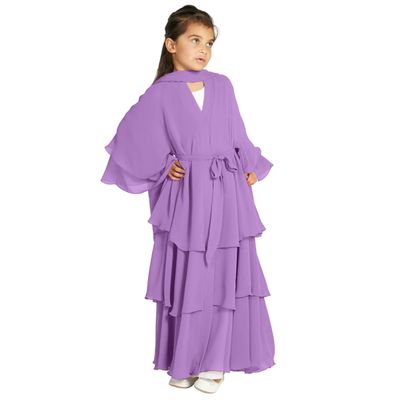 Abaya for Girls Kids Muslim Dress Flowy Chiffon Three Layered Cardigan Modest Kaftan Dress with Hijab Dubai Arabian Robe Islamic Long Maxi Dress Casual Kimono Purple 5-6 Years