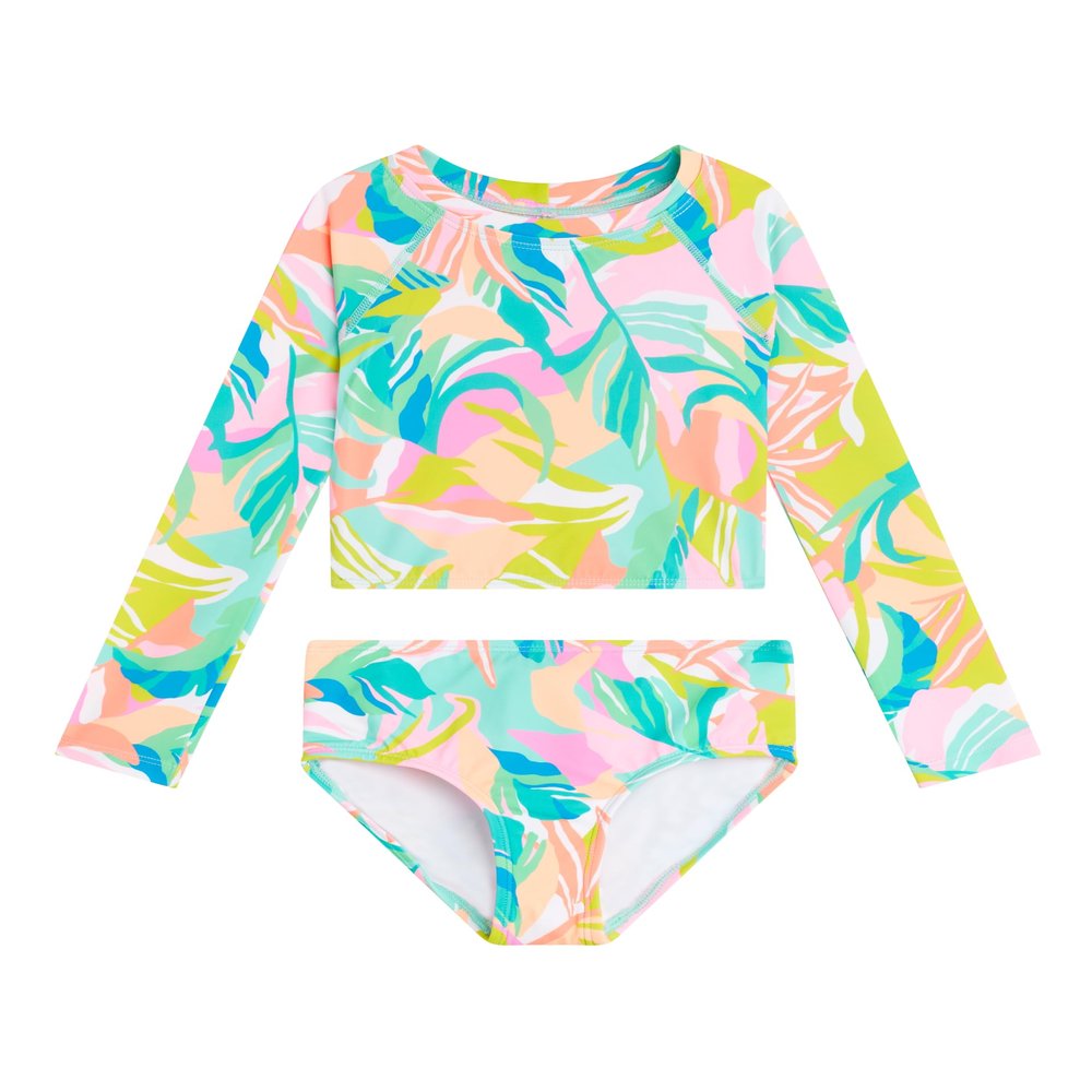 Kanu Surf Girls, Long Sleeve Rashguard UPF 50 Two Piece Swim Set, Riva Multi, 5T