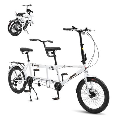 Foldable Tandem Bike, 20 Inch Family Tandem Bikes for Adults, Adjustable 7-Speed Tandem Bicycles Beach Cruiser Bike for Travel and Couple Riding, High Carbon Steel Frame
