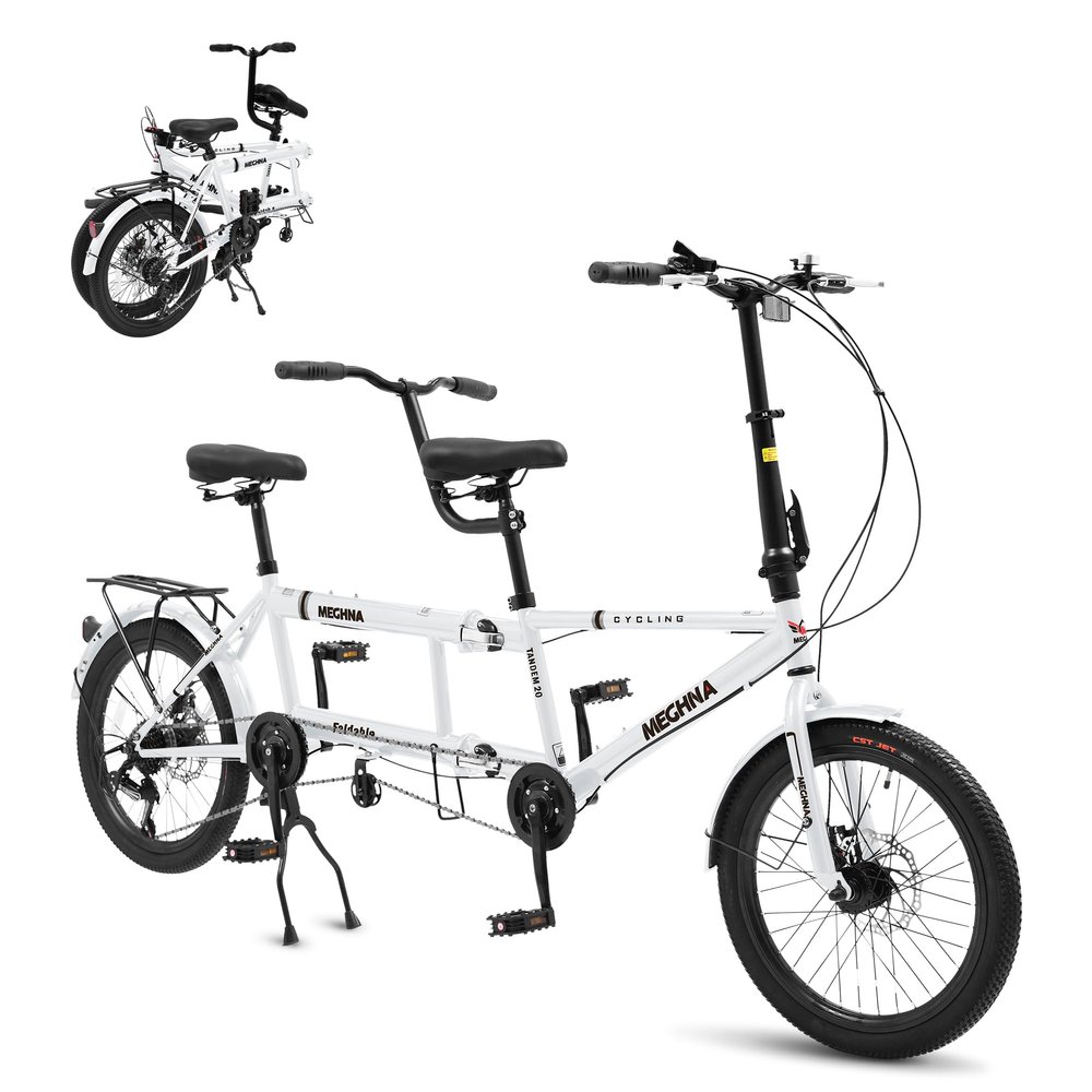Foldable Tandem Bike, 20 Inch Family Tandem Bikes for Adults, Adjustable 7-Speed Tandem Bicycles Beach Cruiser Bike for Travel and Couple Riding, High Carbon Steel Frame