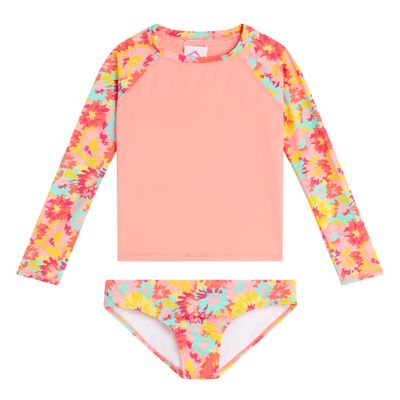 Kanu Surf Girls, Long Sleeve Rashguard UPF 50 Two Piece Swim Set, River Coral, 2T