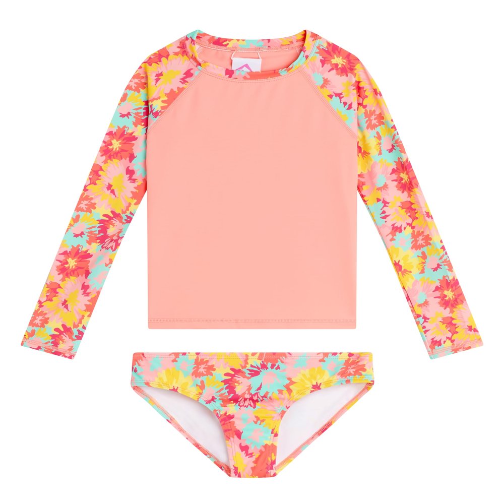 Kanu Surf Girls, Long Sleeve Rashguard UPF 50 Two Piece Swim Set, River Coral, 2T