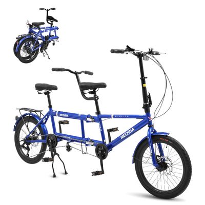BGGFNZ Foldable Tandem Bike, 20 Inch Family Tandem Bikes for Adults, Adjustable 7-Speed Tandem Bicycles Beach Cruiser Bike for Travel and Couple Riding, High Carbon Steel Frame