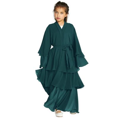 Abaya for Girls Kids Muslim Dress Flowy Chiffon Three Layered Cardigan Modest Kaftan Dress with Hijab Dubai Arabian Robe Islamic Long Maxi Dress Casual Kimono Dark Green 5-6 Years