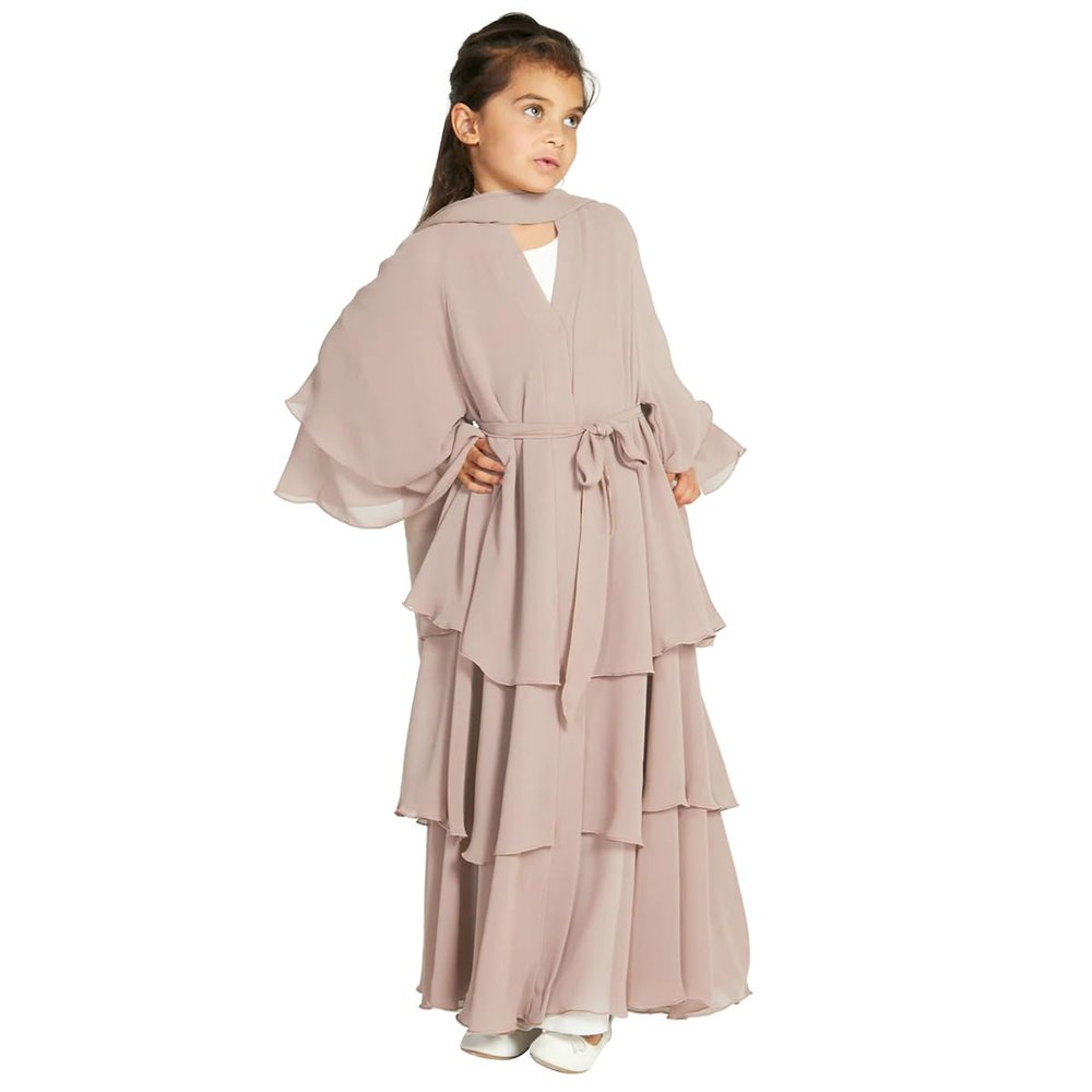 Abaya for Girls Kids Muslim Dress Flowy Chiffon Three Layered Cardigan Modest Kaftan Dress with Hijab Dubai Arabian Robe Islamic Long Maxi Dress Casual Kimono Nude 3-4 Years