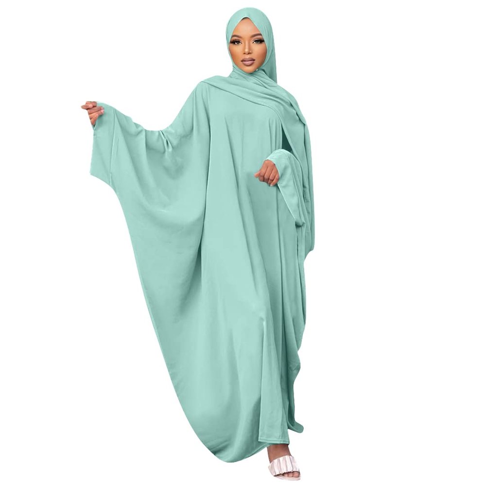 Abayas for Women Abaya Full Length Dubai Turkey Kaftan Jilbab Burkas Muslim Hijab Dress Batwing Sleeve Arabian Robe Ramadan Prayer Dresses Modest Islamic Casual Clothes Mint Green + Hijab One Size