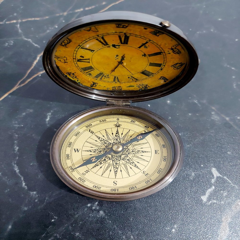 Antique Watch and Compass for Hiking, Survival Instrument, Brass Compass with Watch/Nautical Marine Brass Compass with Watch, Nautical Brass Compass with Watch