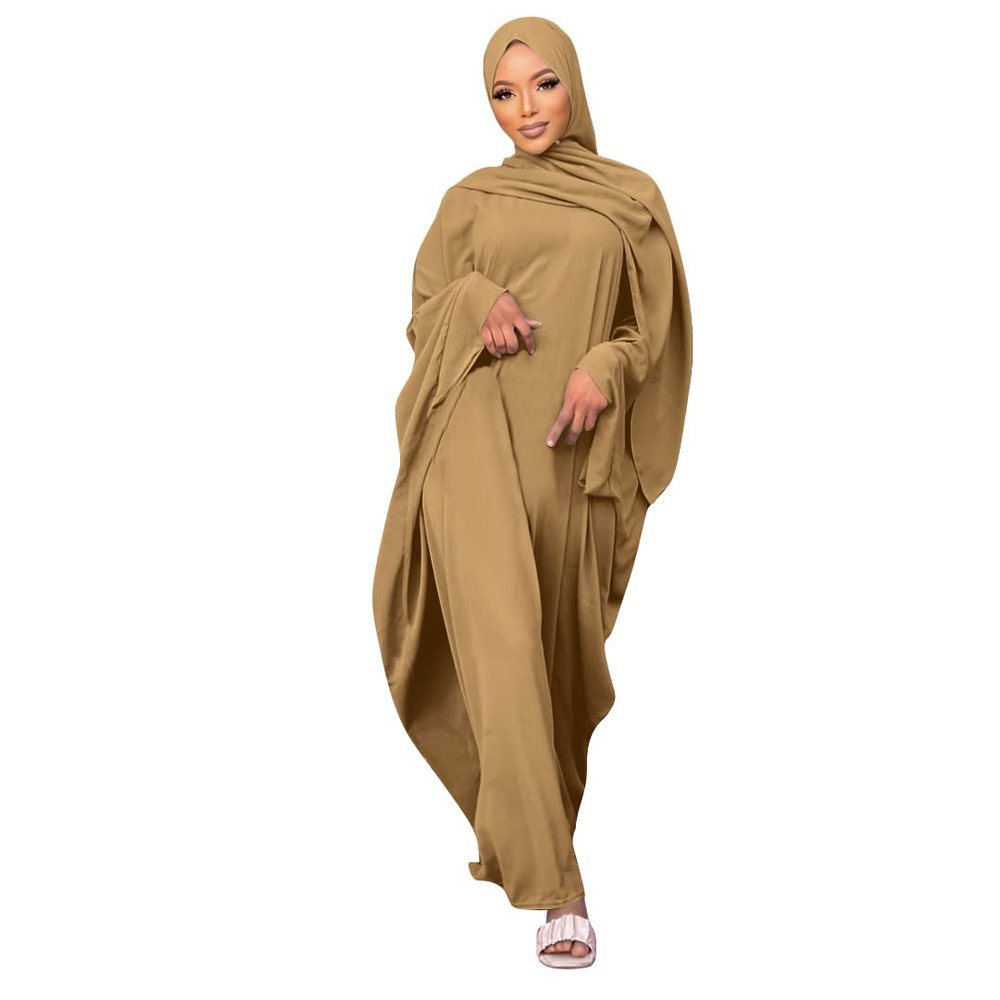 Abayas for Women Abaya Full Length Dubai Turkey Kaftan Jilbab Burkas Muslim Hijab Dress Batwing Sleeve Arabian Robe Ramadan Prayer Dresses Modest Islamic Casual Clothes Khaki + Hijab One Size