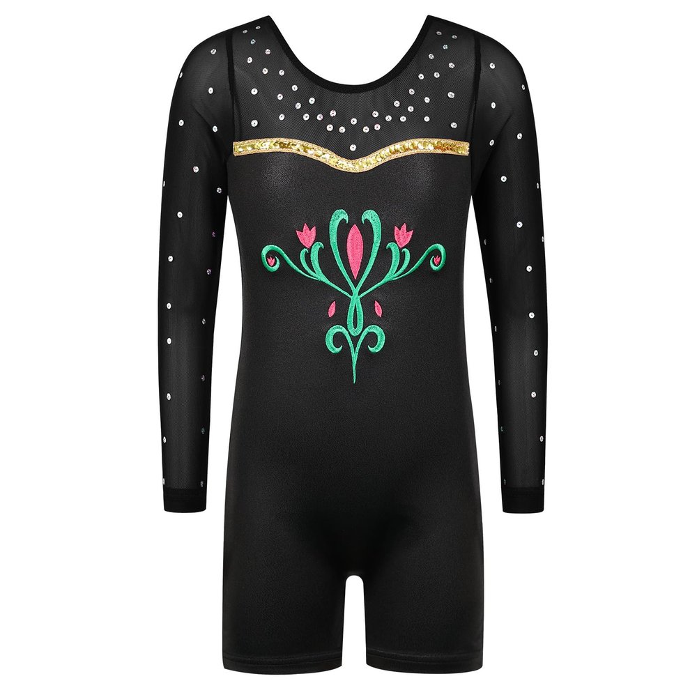 BAOHULU Leotard for Girls Gymnastics Toddler Tank Biketards Shorts Shiny Mesh Kids Dancewear B217_BlackFlower_140