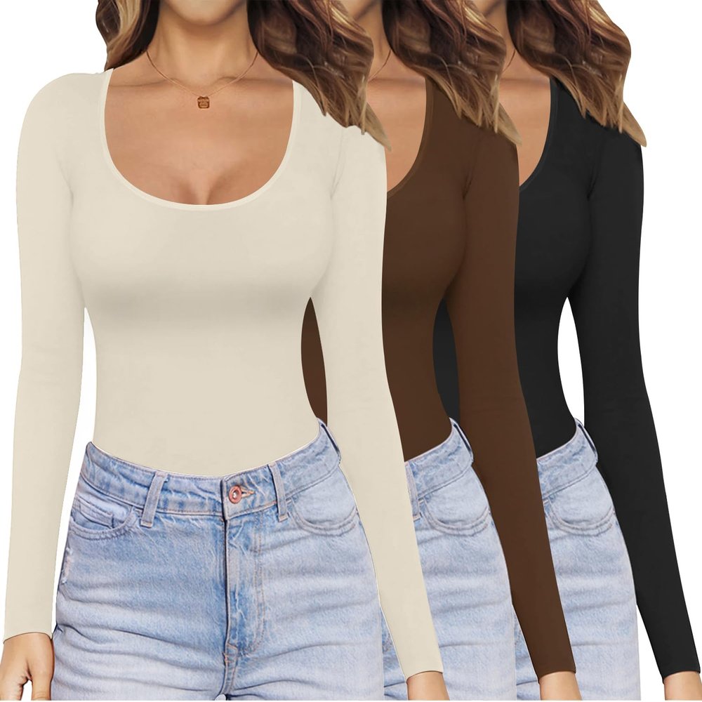 Ekouaer Womens 3 Pack Long Sleeve Shirts Scoop Neck Tops Stretch Fitted Undershirt Lightweight Basic Thermal Tee Black/Beige/Coffee M