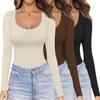 Ekouaer Womens 3 Pack Long Sleeve Shirts Scoop Neck Tops Stretch Fitted Undershirt Lightweight Basic Thermal Tee Black/Beige/Coffee M view 1